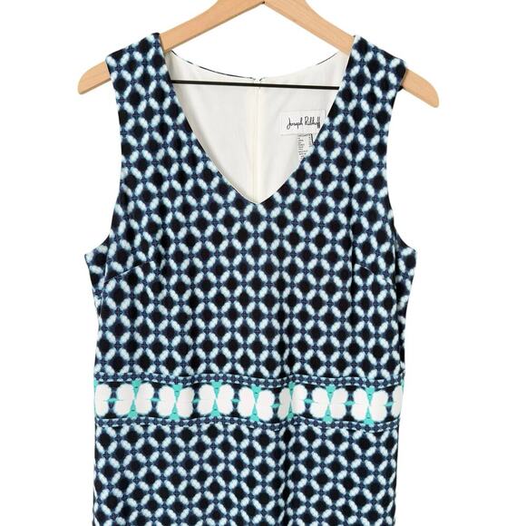 Joseph Ribkoff Blue Geo Print Sheath Midi‎ Dress V-Neck Sleeveless, Size 14 - Picture 4 of 11